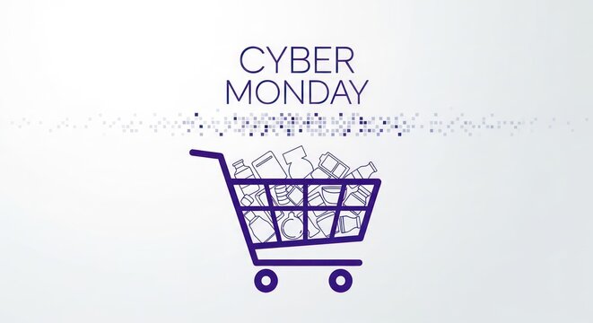 Shopping cart full of goods with cyber monday promotion concept