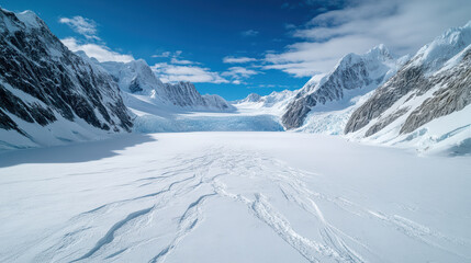 Dramatic glacier valley with towering ice walls and bright blue sky, showcasing nature beauty