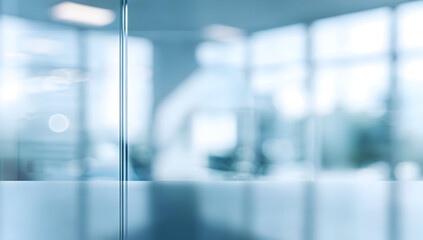 A modern office interior showcasing a blurred glass wall and clean workplace space.