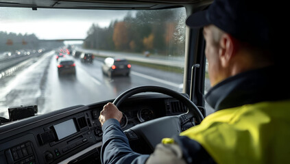 A truck driver navigating a busy highway in rainy weather conditions.