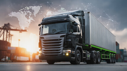 Smart Innovation connection cyber security Container truck in ship port for business Logistics transportation of Container Cargo ship Cargo plane with working crane bridge in shipyard at Twilight