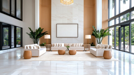 Luxurious hotel lobby with marble floors, elegant furniture, and large windows