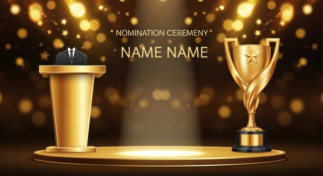 Golden Awards Ceremony Stage with Podium, Trophy, Stars, and Bokeh Lights for Nomination Event