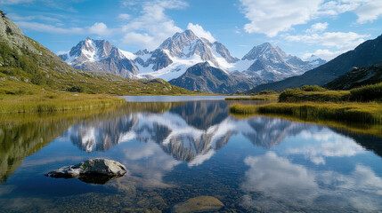 Majestic snow capped mountain peaks reflecting crystal clear lake water, creating serene