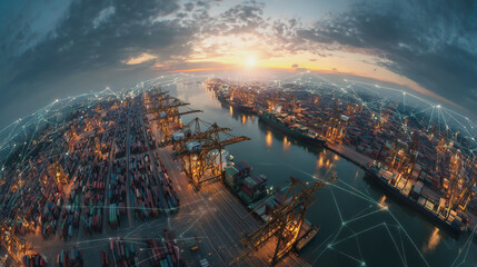 Obraz premium Smart Innovation connection cyber security Container truck in ship port for business Logistics transportation of Container Cargo ship Cargo plane with working crane bridge in shipyard at Twilight
