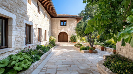 Naklejka premium Beautiful stone house with charming courtyard and lush greenery, showcasing rustic architecture