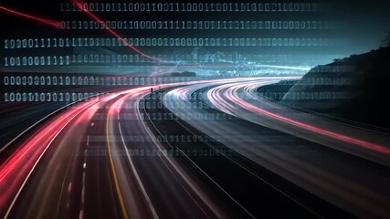 Nighttime highway with light trails and binary code overlay symbolizing data flow and technology - Powered by Adobe
