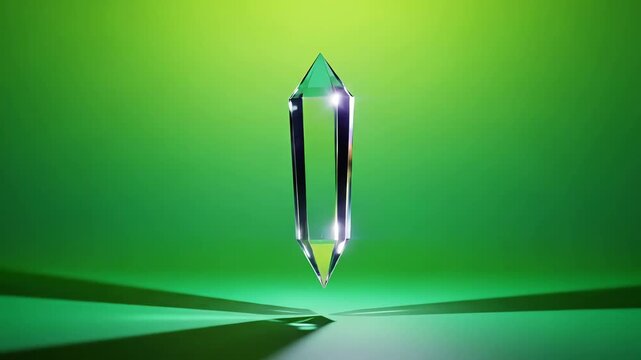 A clear crystal pendulum levitating against a vibrant green gradient background, casting a long shadow