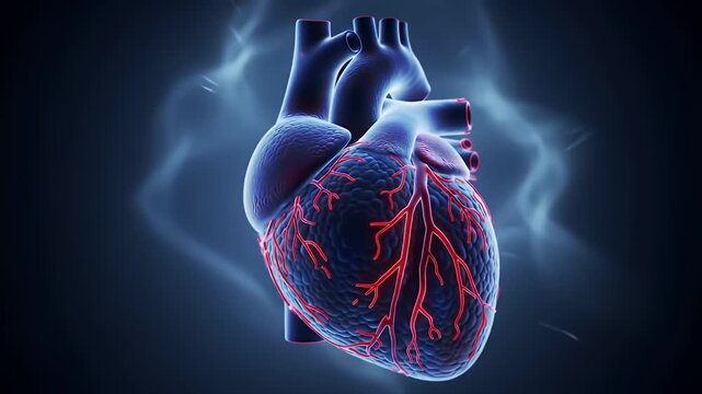 Detailed 3D Animation of a Human Heart with Red Arteries Rotating Against a Dark Blue Smoky Background Perfect for Medical Visualizations and Health Awareness Campaigns,  Ideal for Demonstrating