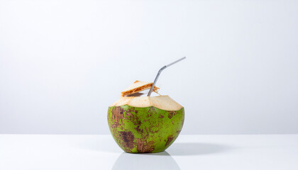 Fresh young coconut drink with straw, photographed on a white background in a bright minimalist style
