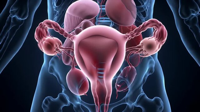 Detailed 3D Animation of Female Reproductive System Featuring Uterus Ovaries and Fallopian Tubes on Dark Blue Background Ideal for Medical Education and Healthcare Promotions