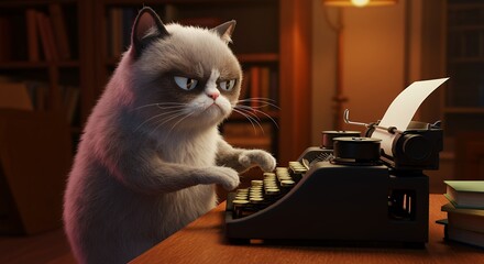 Cat typing on vintage typewriter at desk in warm lighting