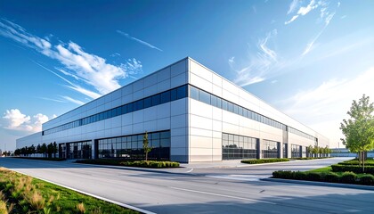 Modern industrial building, clear sky, landscaped grounds