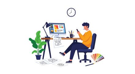 Illustrator at desk using smartphone with color palette and design sketches.