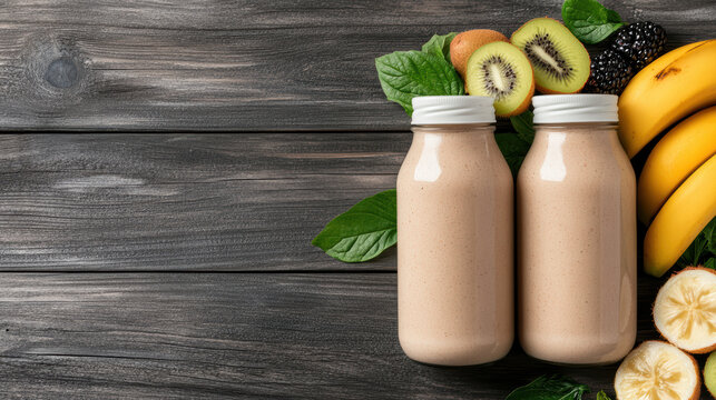 Fresh smoothie bottles with fruits and greens on wooden surface