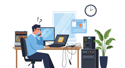 Fototapeta premium Cartoon Man on Phone with Question Marks Laptop with CPU and Computer Tower.