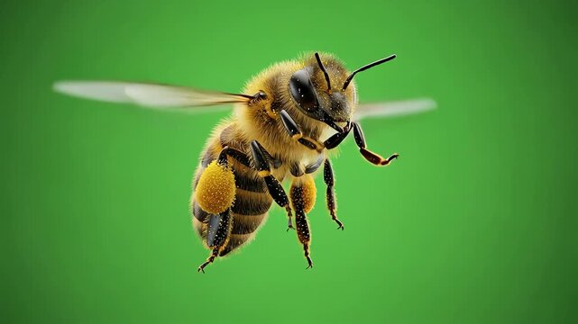 A closeup macro shot of a honey bee in flight against a vibrant green background, showcasing its fuzzy body and pollen baskets