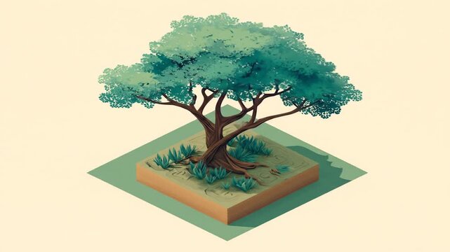 Stylized illustration of a tree with green foliage and textured bark