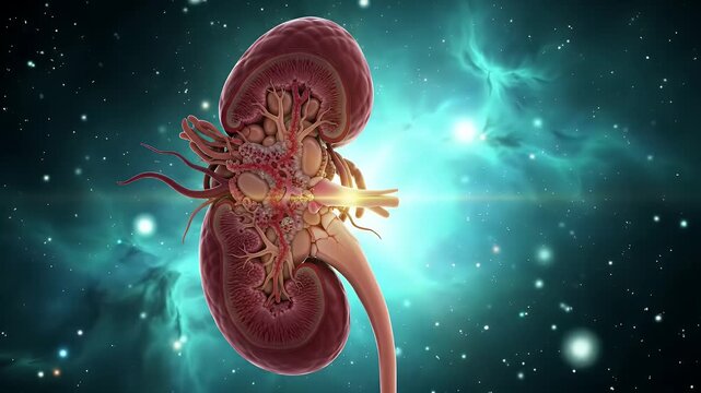 Detailed 3D Animation of Human Kidney Internal Structure Against Nebula and Stars Background for Medical Visualization and Education on Health and Science Concepts