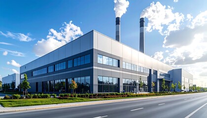 Modern industrial building with two smokestacks, situated on a street with landscaping