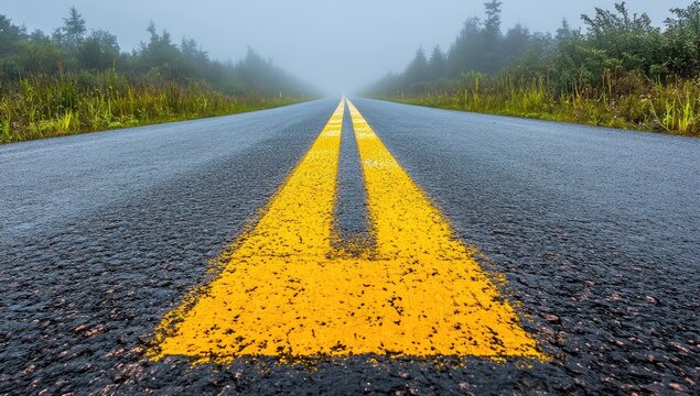 Wet road, yellow lines, misty forest