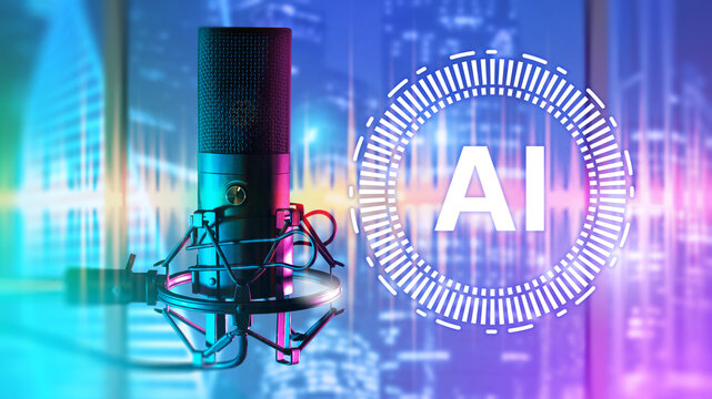 AI in recording industry. Microphone for podcast recording. Audio equipment. Artificial intelligence technology. AI for podcast broadcasting. Artificial intelligence in recording industry