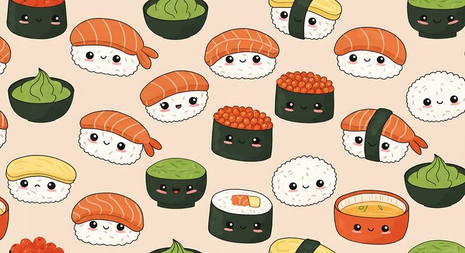 Adorable sushi illustration pattern with assorted rolls and wasabi background design