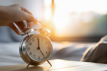 Hand reaching for classic alarm clock, capturing morning light and time concepts