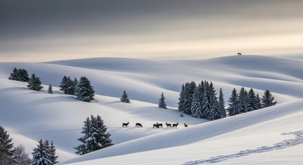 Obraz premium Herd of deer in a snowy winter landscape with fir trees and sky