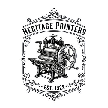 Vintage printing press logo with ornate frame and 'Heritage Printers Est. 1922' text, black and white engraving style.