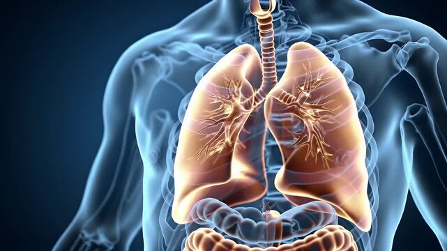 Detailed 3D Animation of Human Respiratory System with Highlighted Lungs Trachea and Intestines on Transparent Blue Body for Medical Education and Health Visualization, Perfect for Anatomy Studies