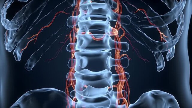 Detailed 3D Animation of the Human Spine and Rib Cage with Red Arteries in Blue Background Displaying Skeletal and Circulatory Systems in Medical Precision for Health and Science