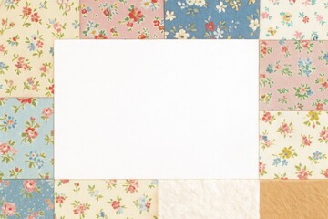 Blank white card on floral patchwork quilt background for message or invitation