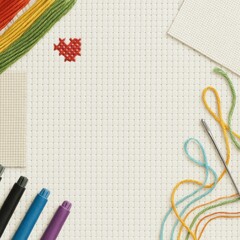 Cross stitch embroidery with colorful threads and needle on fabric