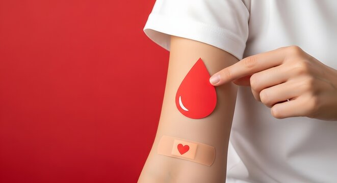 World Blood Donor Day Blood drop icon on arm with bandage, symbolizing donation and healthcare, against red background