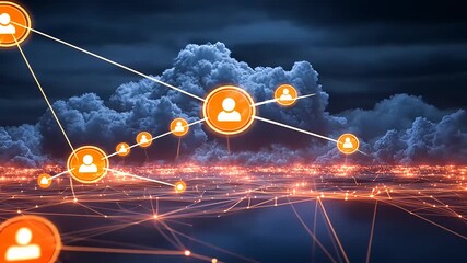 Digital network connections with user icons over a glowing cityscape under dramatic stormy clouds - Powered by Adobe