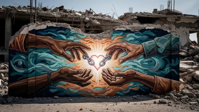 Mural of Hands Unlinking Chains in Ruins