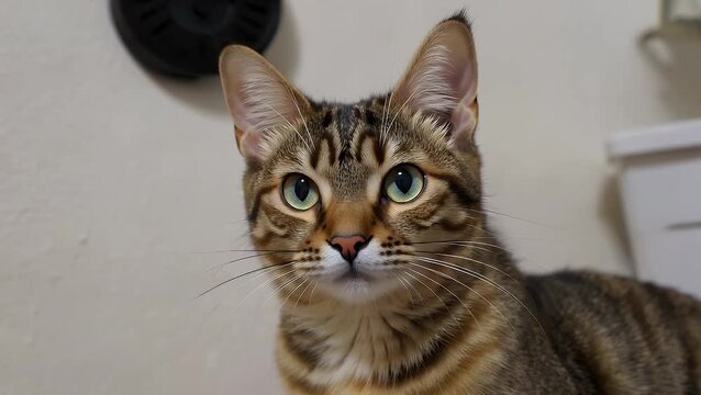 domestic feline with mottled or patched coat pattern is gazing directly at the viewer