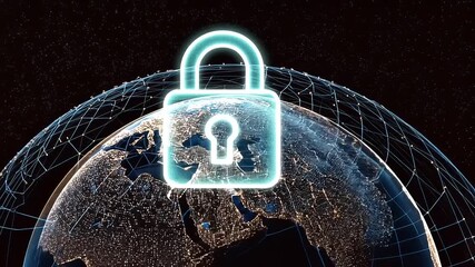 Digital lock symbolizing cybersecurity protection over a global network map with data connections - Powered by Adobe