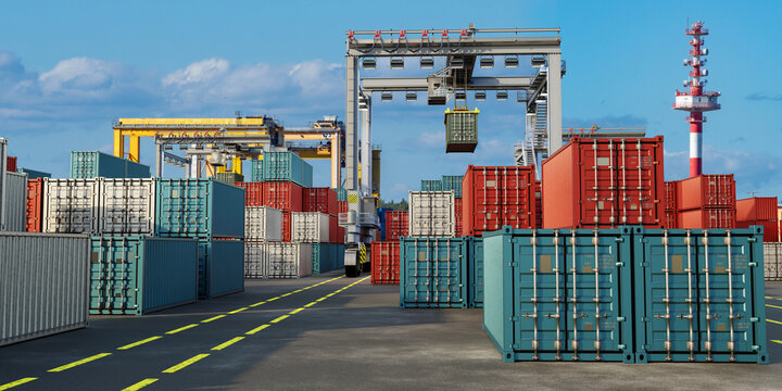 Cranes lift blue cargo containers at port during sunset, highlighting active freight operations and logistics flow &ndash; Containers at port. Customs. Warehouse.