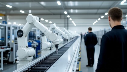 Engineers Observing Robotic Arms on Assembly Line in Automated Factory