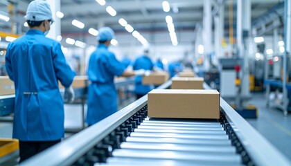Industrial Workers Overseeing Packages on Conveyor Belt in Modern Factory