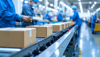 Production Line with Packages Moving on Conveyor Belt in Modern Factory