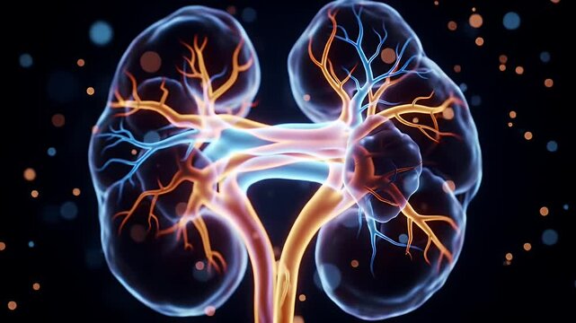 Detailed Human Kidney Anatomy Animation with Orange and Blue Veins on Black Background for Medical Visualization Perfect for Decoration and Education Purpose - High Angle