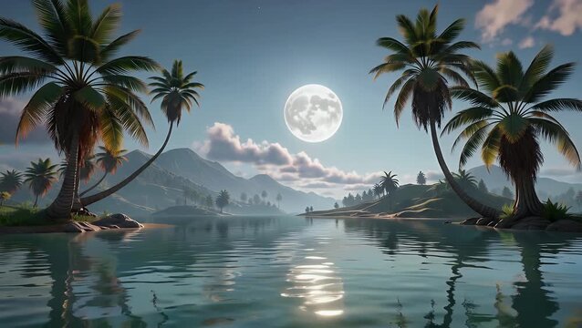 peaceful dusk showcases the lunar radiance upon placid body of water bordered by verdant tropical trees and far off peaks seamless repeating 4k accelerated time virtual video animated backdrop