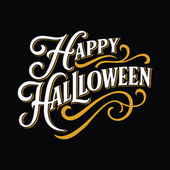 A decorative, ornate black design featuring the cheerful phrase "Happy Halloween."
