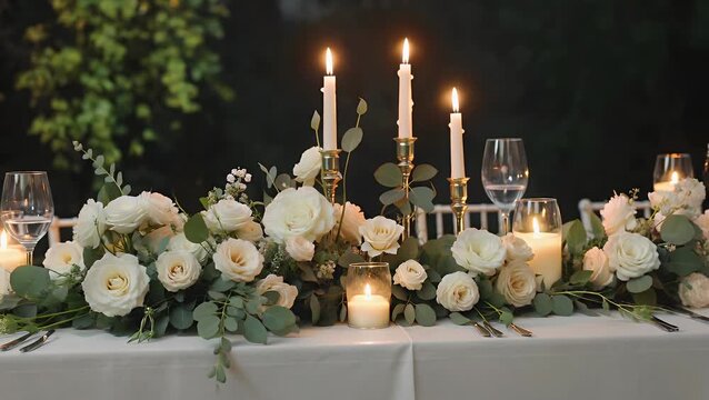 elegantly arranged dining table setting for ceremonial union featuring floral decorations and illuminated candles in softly lit space