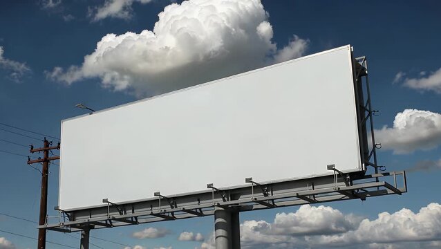 blank wide white billboard or display panel positioned against backdrop of blue sky with soft white clouds for mock-up purposes