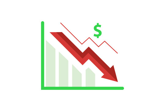 vector flat design financial chart down trend with arrow, loss money decrease concept, cartoon flat design isolated