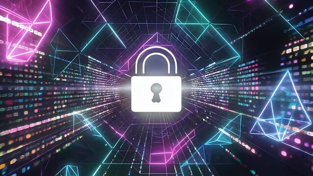 Digital protection and security concept illustrated with radiant padlock symbol enveloped by network of binary digits and angular forms